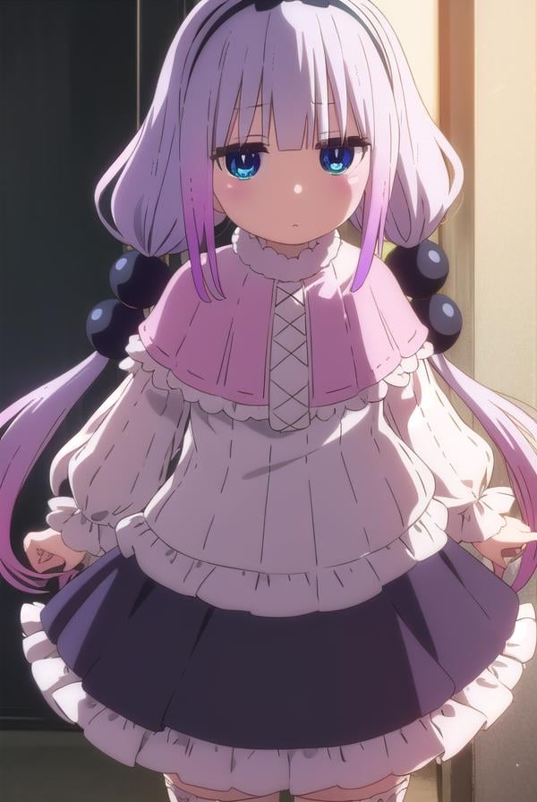 kannakamui, <lora:kanna kamui s2-lora-nochekaiser:1>,kanna kamui, long hair, bangs, blue eyes, hair ornament, twintails, blunt bangs, low twintails, light purple hair, beads, dragon girl, hair beads, hairband,BREAK thighhighs, long sleeves, dress, capelet, juliete sleeves,BREAK indoors, home,BREAK looking at viewer, BREAK <lyco:GoodHands-beta2:1>, (masterpiece:1.2), best quality, high resolution, unity 8k wallpaper, (illustration:0.8), (beautiful detailed eyes:1.6), extremely detailed face, perfect lighting, extremely detailed CG, (perfect hands, perfect anatomy),