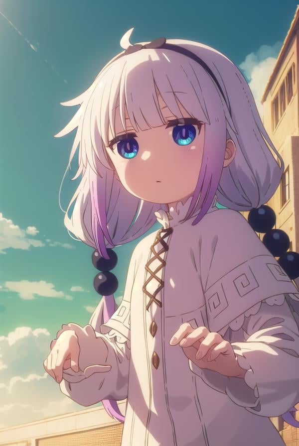 kannakamui, <lora:kanna kamui s2-lora-nochekaiser:1>,kanna kamui, long hair, bangs, blue eyes, hair ornament, twintails, blunt bangs, low twintails, light purple hair, beads, dragon girl, hair beads, hairband,BREAK thighhighs, long sleeves, dress, capelet, juliete sleeves,BREAK outdoors, city, sky, sun, clouds,BREAK looking at viewer, BREAK <lyco:GoodHands-beta2:1>, (masterpiece:1.2), best quality, high resolution, unity 8k wallpaper, (illustration:0.8), (beautiful detailed eyes:1.6), extremely detailed face, perfect lighting, extremely detailed CG, (perfect hands, perfect anatomy),