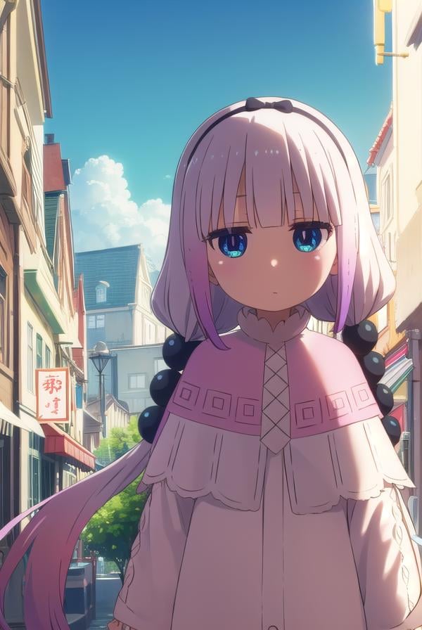 kannakamui, <lora:kanna kamui s2-lora-nochekaiser:1>,kanna kamui, long hair, bangs, blue eyes, hair ornament, twintails, blunt bangs, low twintails, light purple hair, beads, dragon girl, hair beads, hairband,BREAK thighhighs, long sleeves, dress, capelet, juliete sleeves,BREAK outdoors, city, sky, sun, clouds,BREAK looking at viewer, BREAK <lyco:GoodHands-beta2:1>, (masterpiece:1.2), best quality, high resolution, unity 8k wallpaper, (illustration:0.8), (beautiful detailed eyes:1.6), extremely detailed face, perfect lighting, extremely detailed CG, (perfect hands, perfect anatomy),