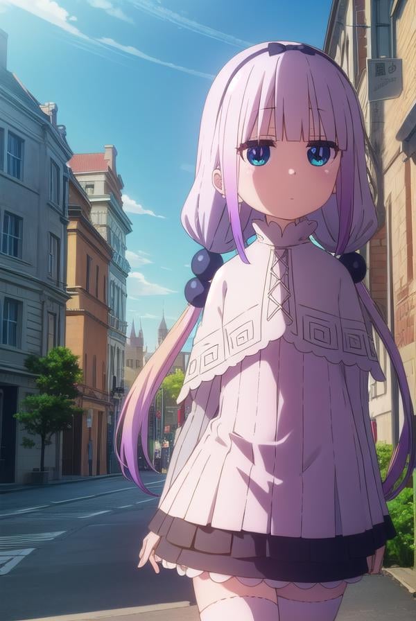 kannakamui, <lora:kanna kamui s2-lora-nochekaiser:1>,kanna kamui, long hair, bangs, blue eyes, hair ornament, twintails, blunt bangs, low twintails, light purple hair, beads, dragon girl, hair beads, hairband,BREAK thighhighs, long sleeves, dress, capelet, juliete sleeves,BREAK outdoors, city, sky, sun, clouds,BREAK looking at viewer, BREAK <lyco:GoodHands-beta2:1>, (masterpiece:1.2), best quality, high resolution, unity 8k wallpaper, (illustration:0.8), (beautiful detailed eyes:1.6), extremely detailed face, perfect lighting, extremely detailed CG, (perfect hands, perfect anatomy),