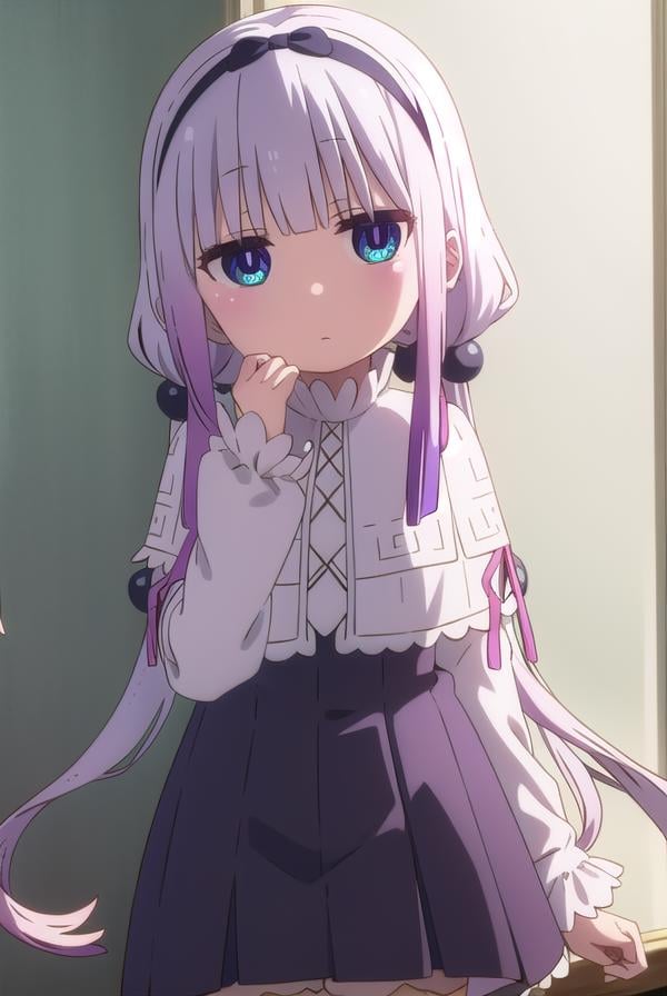 kannakamui, <lora:kanna kamui s2-lora-nochekaiser:1>,kanna kamui, long hair, bangs, blue eyes, hair ornament, twintails, blunt bangs, low twintails, light purple hair, beads, dragon girl, hair beads, hairband,BREAK thighhighs, long sleeves, dress, capelet, juliete sleeves,BREAK indoors, home,BREAK looking at viewer, BREAK <lyco:GoodHands-beta2:1>, (masterpiece:1.2), best quality, high resolution, unity 8k wallpaper, (illustration:0.8), (beautiful detailed eyes:1.6), extremely detailed face, perfect lighting, extremely detailed CG, (perfect hands, perfect anatomy),