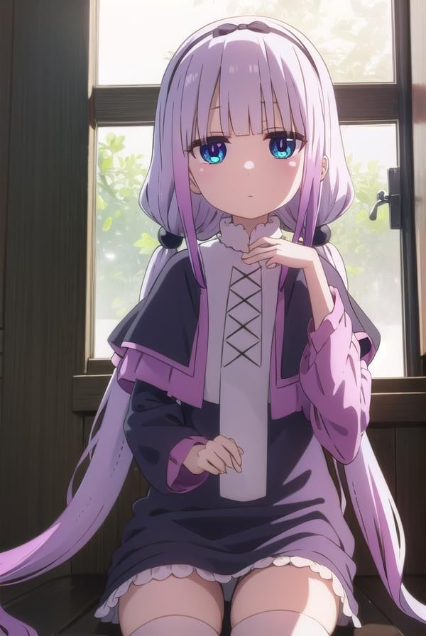 kannakamui, <lora:kanna kamui s2-lora-nochekaiser:1>,kanna kamui, long hair, bangs, blue eyes, hair ornament, twintails, blunt bangs, low twintails, light purple hair, beads, dragon girl, hair beads, hairband,BREAK thighhighs, long sleeves, dress, capelet, juliete sleeves,BREAK indoors, home,BREAK looking at viewer, BREAK <lyco:GoodHands-beta2:1>, (masterpiece:1.2), best quality, high resolution, unity 8k wallpaper, (illustration:0.8), (beautiful detailed eyes:1.6), extremely detailed face, perfect lighting, extremely detailed CG, (perfect hands, perfect anatomy),