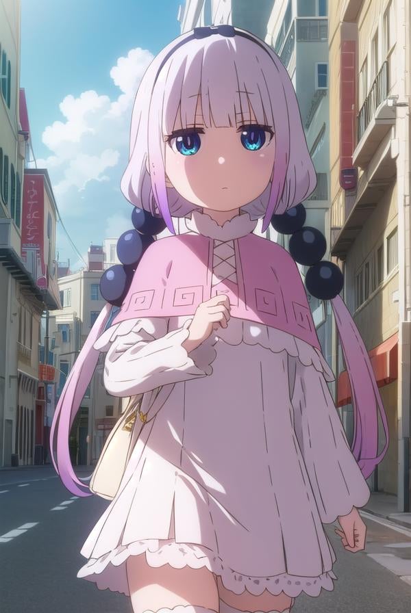 kannakamui, <lora:kanna kamui s2-lora-nochekaiser:1>,kanna kamui, long hair, bangs, blue eyes, hair ornament, twintails, blunt bangs, low twintails, light purple hair, beads, dragon girl, hair beads, hairband,BREAK thighhighs, long sleeves, dress, capelet, juliete sleeves,BREAK outdoors, city, sky, sun, clouds,BREAK looking at viewer, BREAK <lyco:GoodHands-beta2:1>, (masterpiece:1.2), best quality, high resolution, unity 8k wallpaper, (illustration:0.8), (beautiful detailed eyes:1.6), extremely detailed face, perfect lighting, extremely detailed CG, (perfect hands, perfect anatomy),