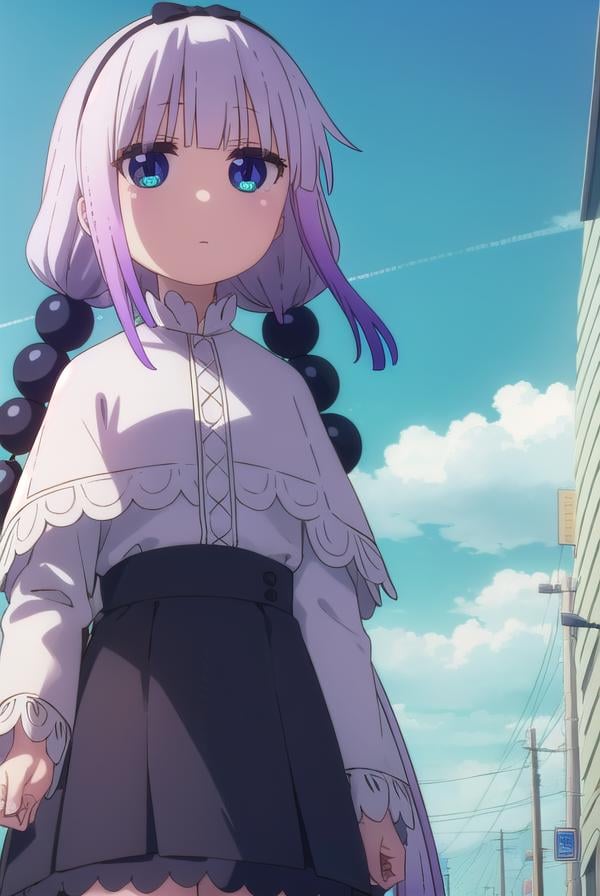 kannakamui, <lora:kanna kamui s2-lora-nochekaiser:1>,kanna kamui, long hair, bangs, blue eyes, hair ornament, twintails, blunt bangs, low twintails, light purple hair, beads, dragon girl, hair beads, hairband,BREAK thighhighs, long sleeves, dress, capelet, juliete sleeves,BREAK outdoors, city, sky, sun, clouds,BREAK looking at viewer, BREAK <lyco:GoodHands-beta2:1>, (masterpiece:1.2), best quality, high resolution, unity 8k wallpaper, (illustration:0.8), (beautiful detailed eyes:1.6), extremely detailed face, perfect lighting, extremely detailed CG, (perfect hands, perfect anatomy),