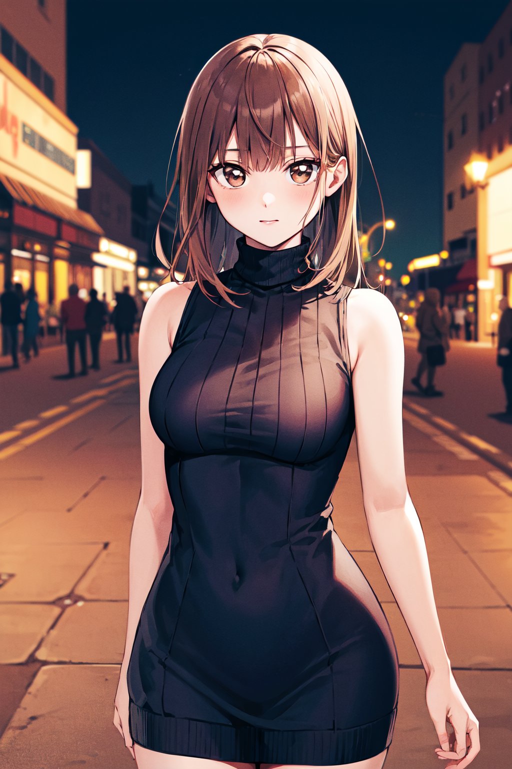 masterpiece, best quality, highres, aachinatsu, medium hair, breasts, sweater dress, sleeveless, turtleneck, <lora:kano_chinatsu_1:0.7>, night, standing, street, cowboy shot, 