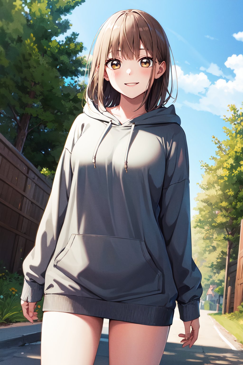 masterpiece, best quality, highres, aachinatsu, medium hair, breasts, hoodie, hood down, bare legs,  <lora:kano_chinatsu_1:0.7>, standing, cowboy shot, outdoors, smile