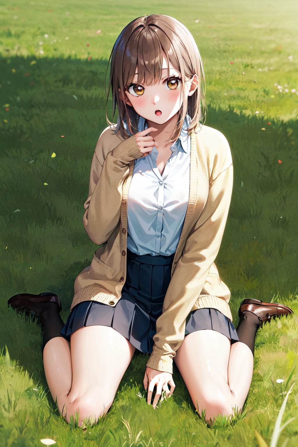 masterpiece, best quality, highres, aachinatsu, medium hair, breasts, sweater, cardigan, skirt, <lora:kano_chinatsu_1:0.7>, :o, grass, wariza,