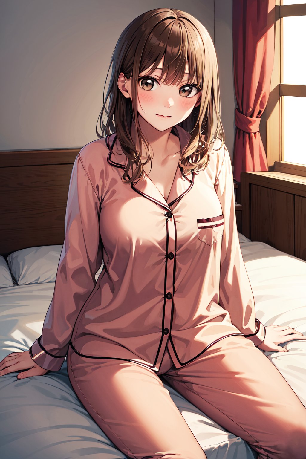 masterpiece, best quality, highres, aachinatsu, medium hair, breasts, pajama, <lora:kano_chinatsu_1:0.7>, room, bed, wavy mouth, sitting