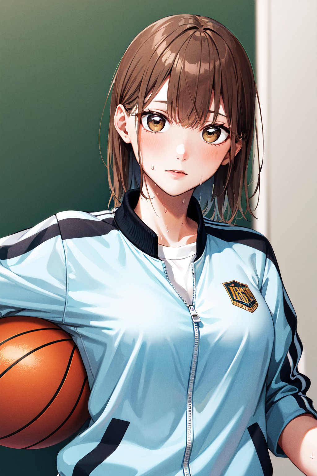 masterpiece, best quality, highres, aachinatsu, medium hair, breasts, track jacket, shirt, <lora:kano_chinatsu_1:0.7>, upper body, holding_ball, basketball, sweat