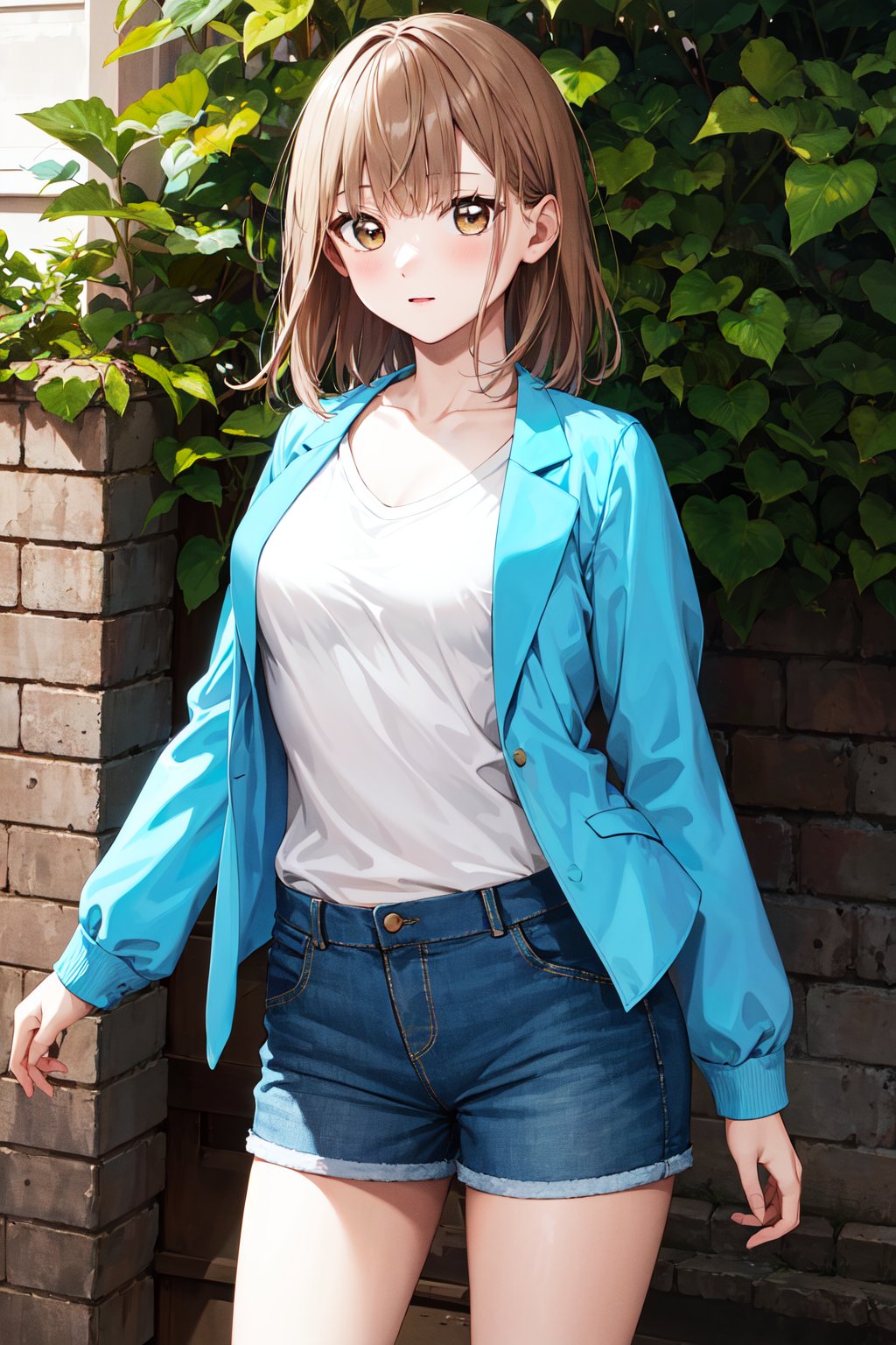 masterpiece, best quality, highres, aachinatsu, medium hair, breast, collarbone, white shirt, blue jacket, open jacket, long sleeves, shorts, <lora:kano_chinatsu_1:0.7>, standing, cowboy shot, outdoors