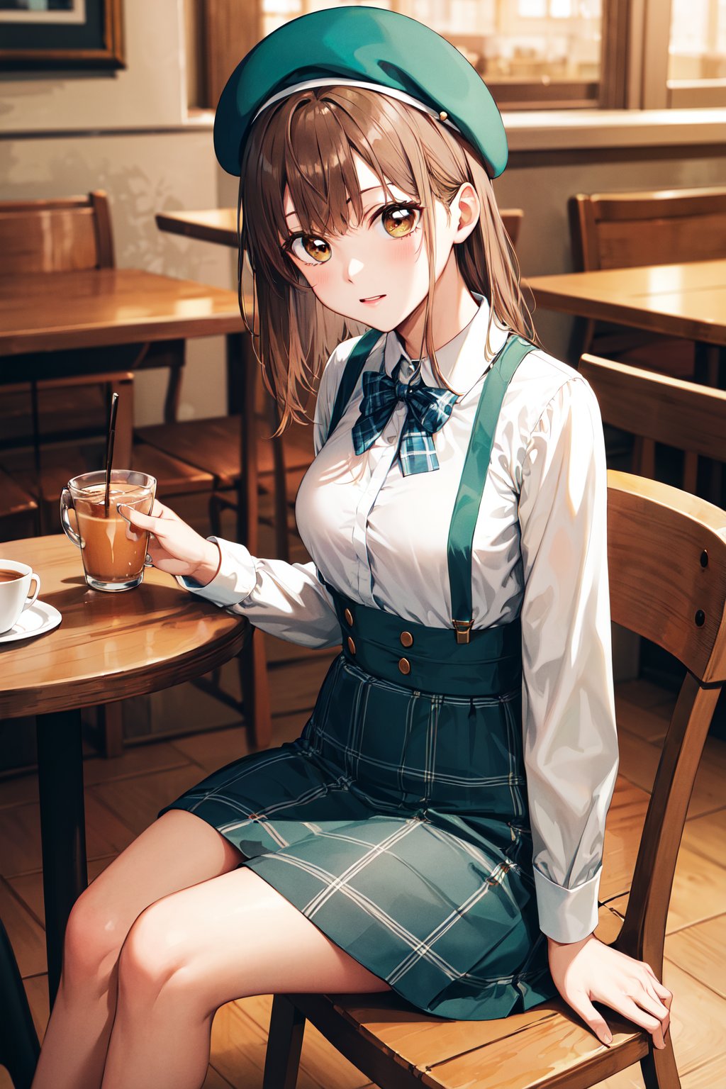 masterpiece, best quality, highres, aachinatsu, medium hair, breasts, beret, suspenders, high-waist skirt, plaid, <lora:kano_chinatsu_1:0.7>, cafe, indoors, sitting, table,