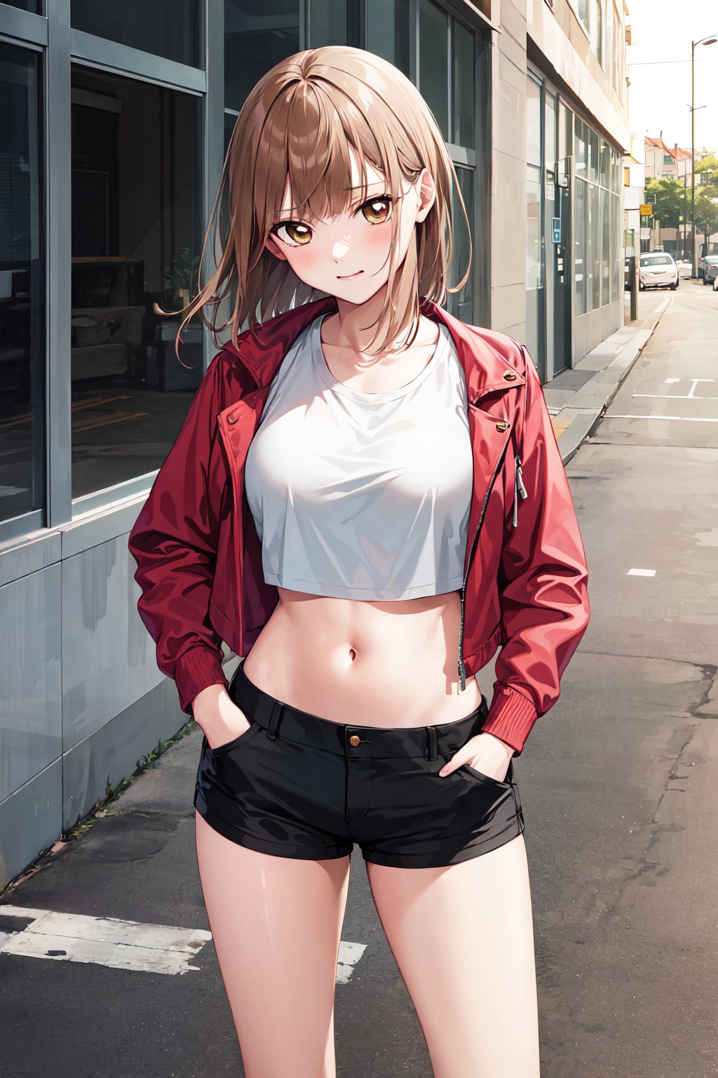 masterpiece, best quality, highres, aachinatsu, medium hair, breasts, crop top, cropped jacket, short shorts, <lora:kano_chinatsu_1:0.7>, smug, hand in hands in pockets, street, standing