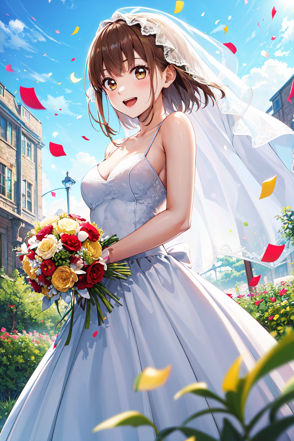 masterpiece, best quality, highres, aachinatsu, medium hair, breasts, wedding dress, bridal veil, white dress, <lora:kano_chinatsu_1:0.7>, garden, standing, holding bouquet, smile, open mouth, confetti, 