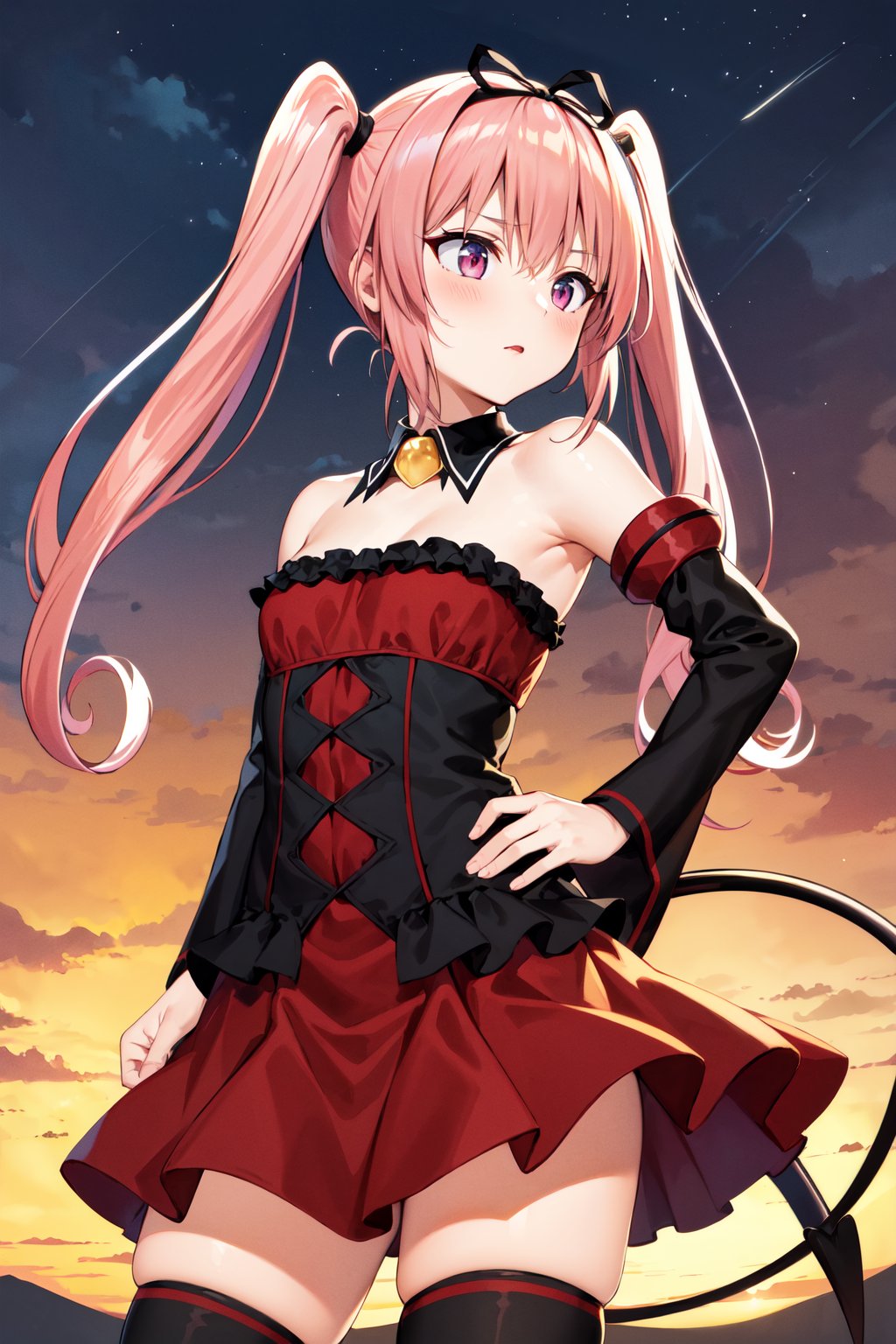 masterpiece, best quality, highres, aanana, long hair, twintails, hair ribbon, black ribbon, demon tail, detached collar, bare shoulders, red dress, multicolored clothes, detached sleeves, striped thighhighs, <lora:nana_asta_deviluke_v1:0.7> , standing, cowboy shot, night, outdoors