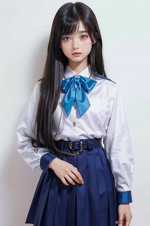 masutepiece, Best Quality, {Best Quality}, {{masutepiece}}, {hight resolution}, Illustration, 1girl in, Inoue Takina, Long hair, Bangs, Black hair, (Purple eyes:1.2), blush, Shirt, Long sleeves, Dress, bow ribbon, School uniform, White shirt, Collared shirt, Belt bag, Neck ribbon, Blue Dress, Green Ribbon, pleated dress, grey dress, two-tone dress, Blue belt, Lycoris Uniform, Looking at Viewer