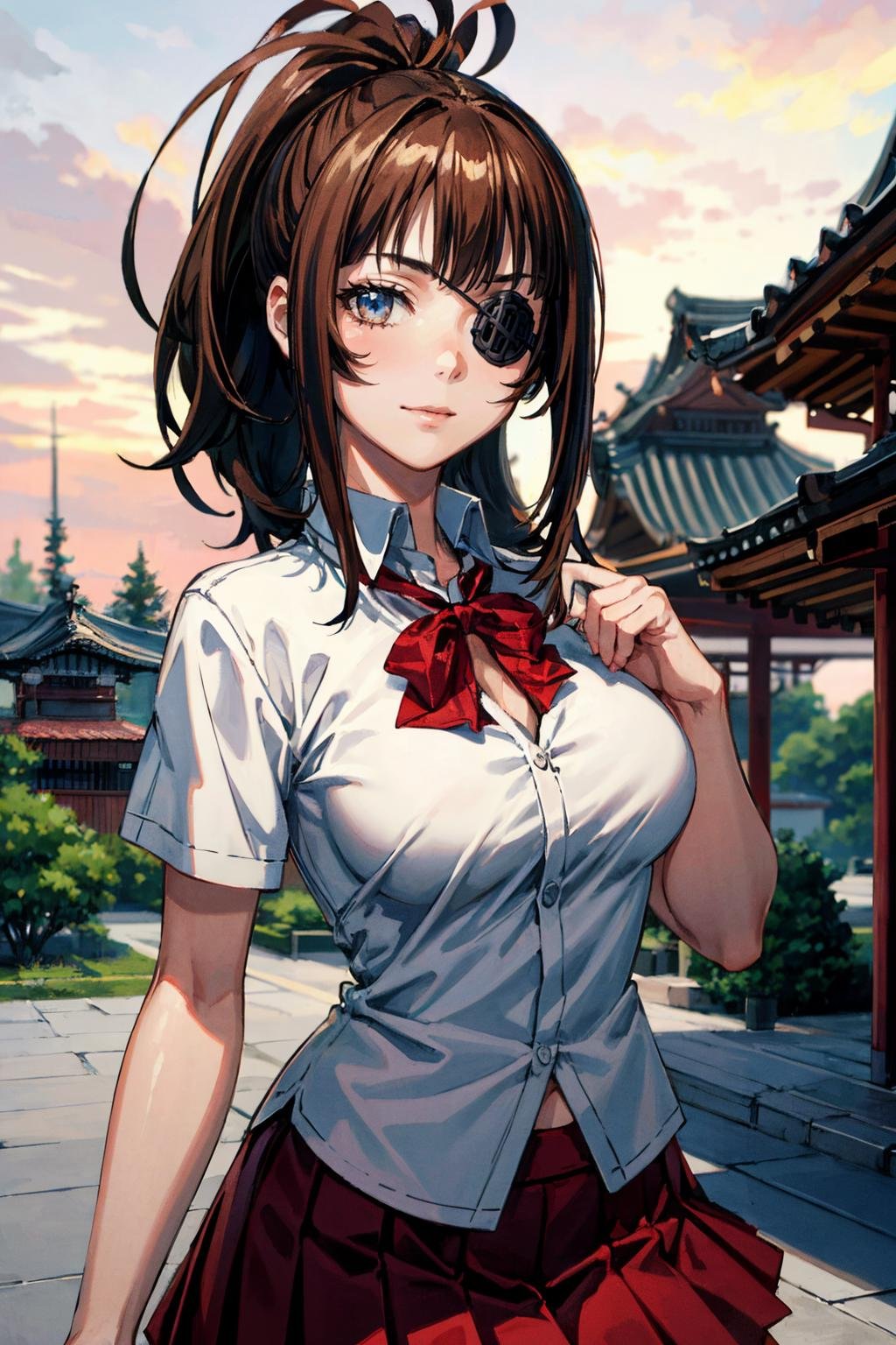 <lora:more_details:0.6>,  <lora:yagyu-09:0.7> , yagyu_wz, brown hair, brown eyes, school uniform, pleated skirt,red skirt, miniskirt, white shirt, ponytail, red ribborn, (eyepatch:1.2), medium breasts looking at viewer, temple, modeling, japanese architecture, seductive smile,, 1girl, (masterpiece:1.3), (high resolution), (8K), (extremely detailed), (4k), (pixiv), perfect face, nice eyes and face, (best quality), (super detailed), detailed face and eyes, (solo), textured skin, absurdres, highres