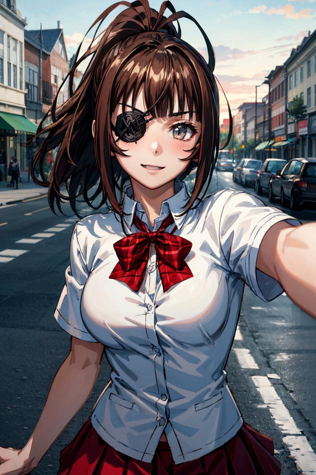 <lora:more_details:0.6>,   <lora:yagyu-09:0.7> yagyu_wz, brown hair, brown eyes, school uniform, pleated skirt,red skirt, miniskirt, white shirt, ponytail, red ribborn, medium breasts, (eyepatch:1.2), pov, selife, smile, blush, outdoors, street, city, pov, selfie, 1girl, (masterpiece:1.3), (high resolution), (8K), (extremely detailed), (4k), (pixiv), perfect face, nice eyes and face, (best quality), (super detailed), detailed face and eyes, (solo), textured skin, absurdres, highres