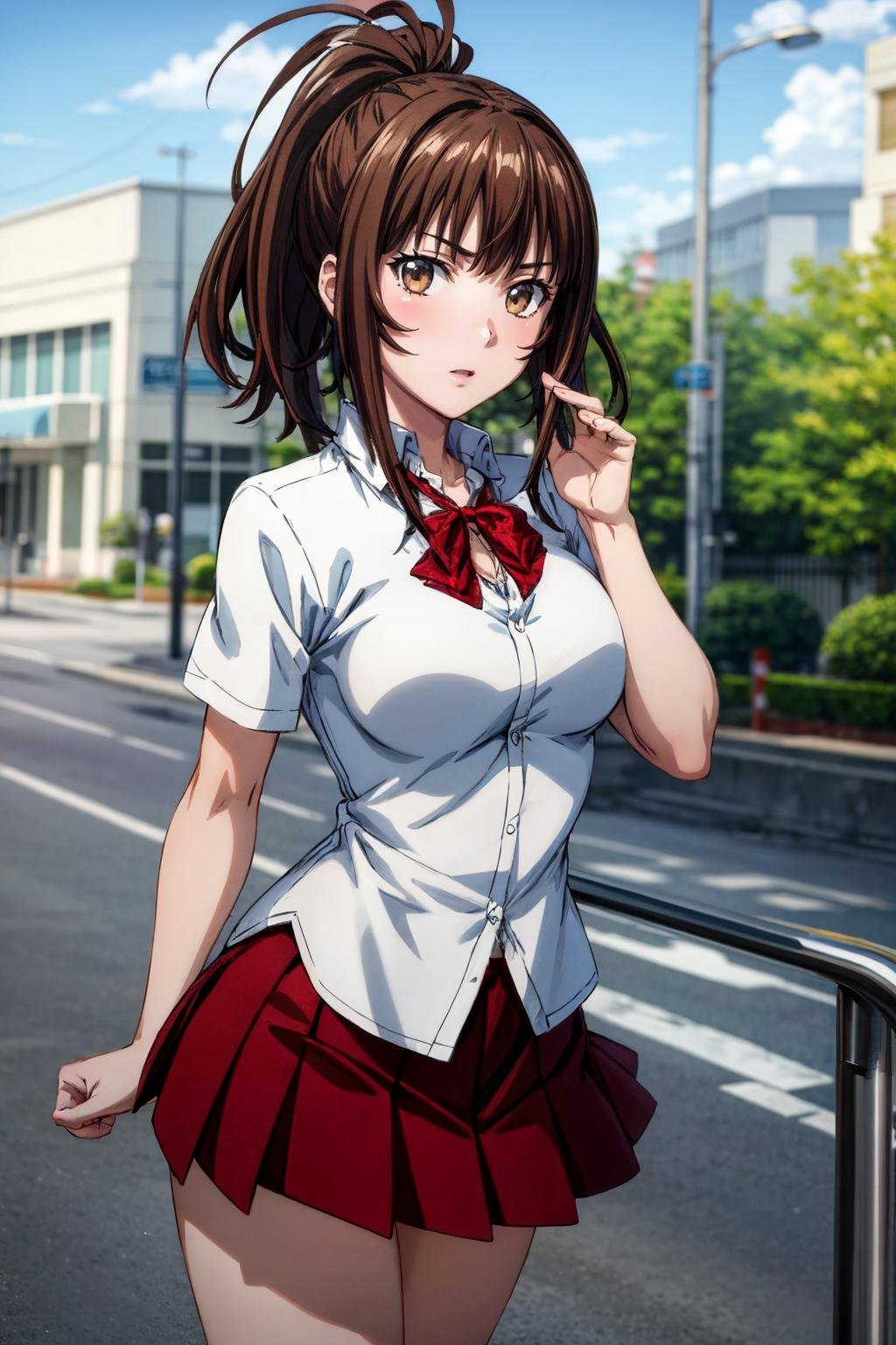 <lora:more_details:0.5>, <lora:yagyu-09:0.7>, yagyu_wz, brown hair, brown eyes,red skirt, miniskirt,  school uniform, pleated skirt, white shirt, ponytail, red ribbon,  medium breasts, standing, cowboy shot, looking at viewer, outdoors,, 1girl, (masterpiece:1.3), (high resolution), (8K), (extremely detailed), (4k), (pixiv), perfect face, nice eyes and face, (best quality), (super detailed), detailed face and eyes, (solo), textured skin, absurdres, highres