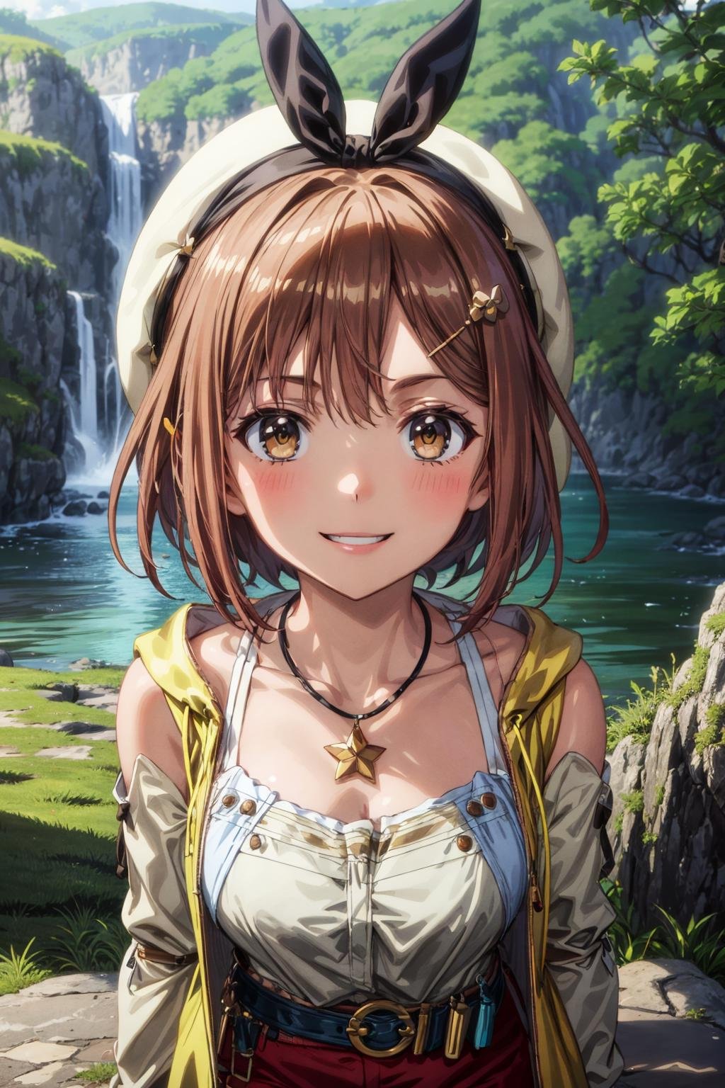 <lora:more_details:0.5>, <lora:ryza-09:0.7>, riza, brown hair, single glove, thighhighs, brown eyes, red shorts, jewelry, belt, hat, white headwear, necklace, yellow jacket, hair ornament, short hair, brown glove, shirt, standing, star \(symbol\), looking at viewer, smile, outdoors, nature, smile, dynamic angle, 1girl, (masterpiece:1.3), (high resolution), (8K), (extremely detailed), (4k), (pixiv), perfect face, nice eyes and face, (best quality), (super detailed), detailed face and eyes, (solo), textured skin, absurdres, highres