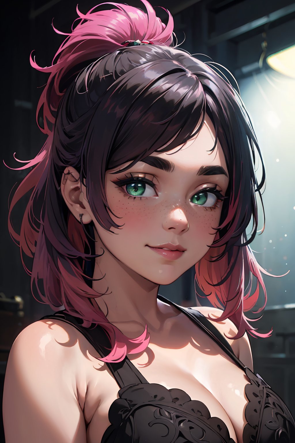 (masterpiece, best quality, highres, high resolution:1.2), extremely detailed, intricate details, 1girl, solo, looking at viewer, portrait, clamEmma, <lora:clamEmma:0.6>, cleavage, smile, side-swept bangs, black hair, pink IncursioDipDyedHair, messy mid ponytail, green eyes, thick eyebrows, freckles, <lora:DipDyedHair:0.8>, <lora:weight_slider_v2:0.25>, (cinematic lighting, bloom, volumetric),