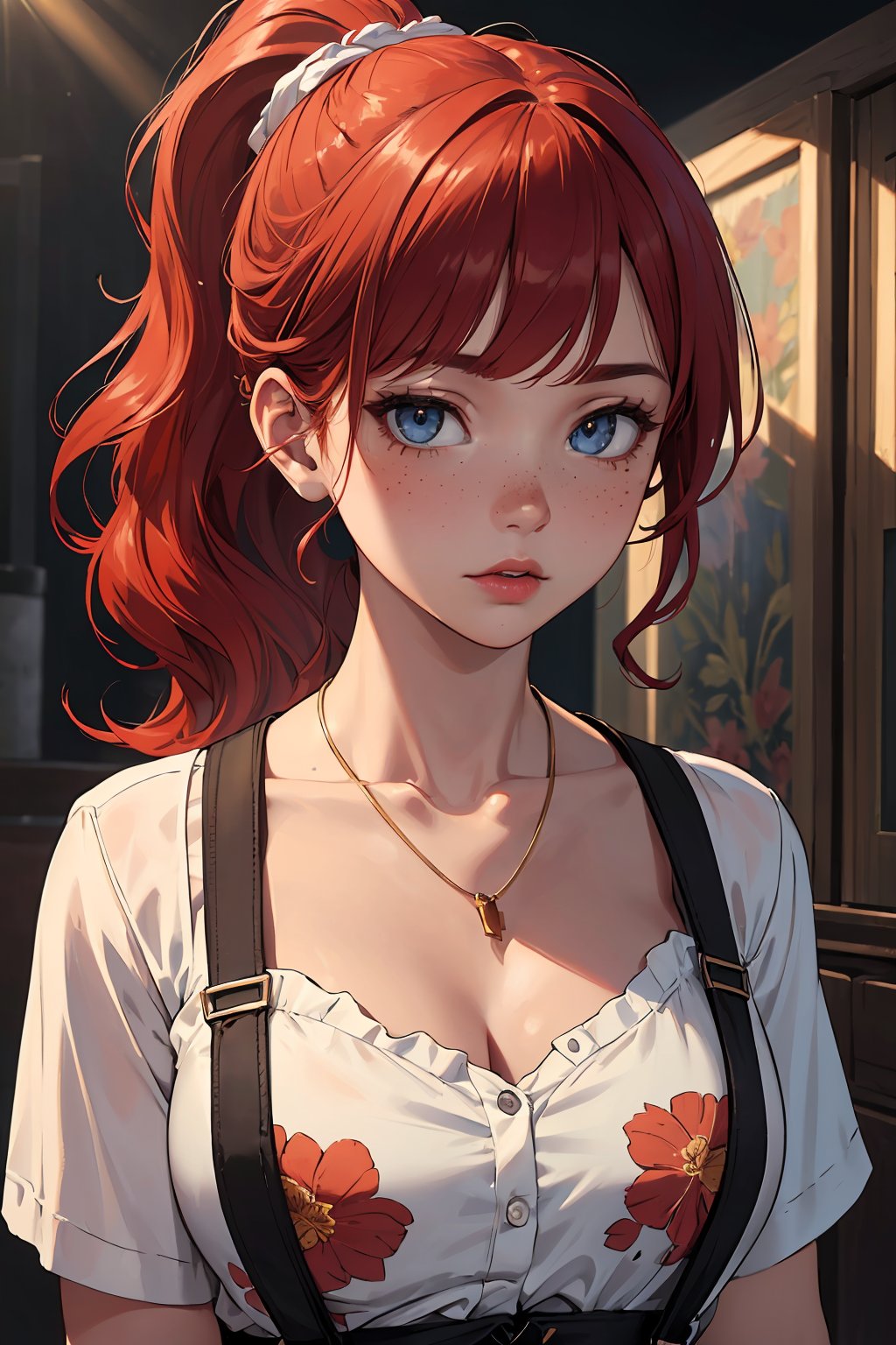 (masterpiece, best quality, highres, high resolution:1.2), extremely detailed, intricate details, 1girl, solo, looking at viewer, upper body, collarbone, wavy hair, necklace, suspenders, floral print, ponytail, freckles, red hair, sunlight, (cinematic lighting, bloom, volumetric),