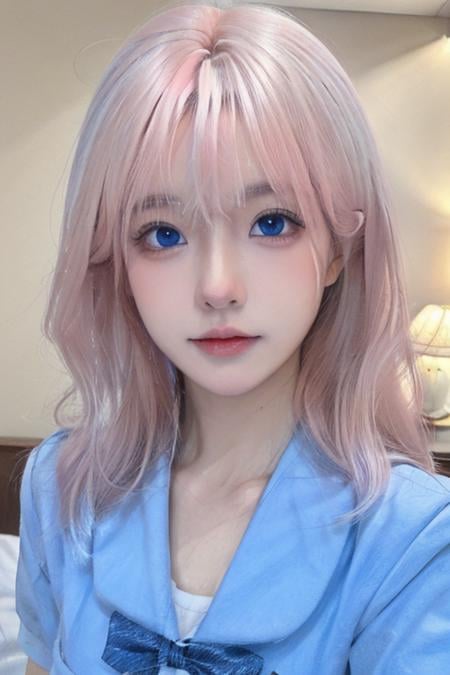 (masterpiece), (high quality), (8k resolution), (RAW photo), (best quality), (masterpiece:1.5), (realistic:1.5), ((photo realistic)), vibrant details, hyper realistic,1girl, (cute:1.2), beautiful, high-quality and detailed face, perfect face, (white hair And light pink hair:1.4), rosy cheeks, detailed eyes, (blue eyes),colorful eyes,(watery eyes),nsfw, nude, slender body, looking at viewer, closed mouth, real human skin, shiny skin, mid breasts, ((school uniform)), sitting, bed, <lora:cuteKoreanGirlLora_cuteKoreanGirlLora:0.3> <lora:chineseGirl_v10:0.5>  <lora:lorav2-000008:0.7>