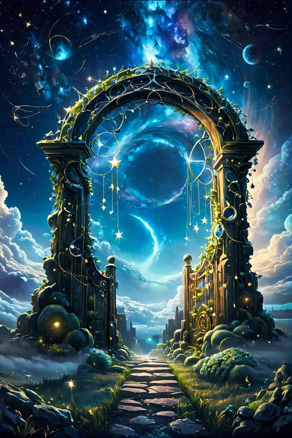 Night scenery with a heaven gate and fairyes, stars