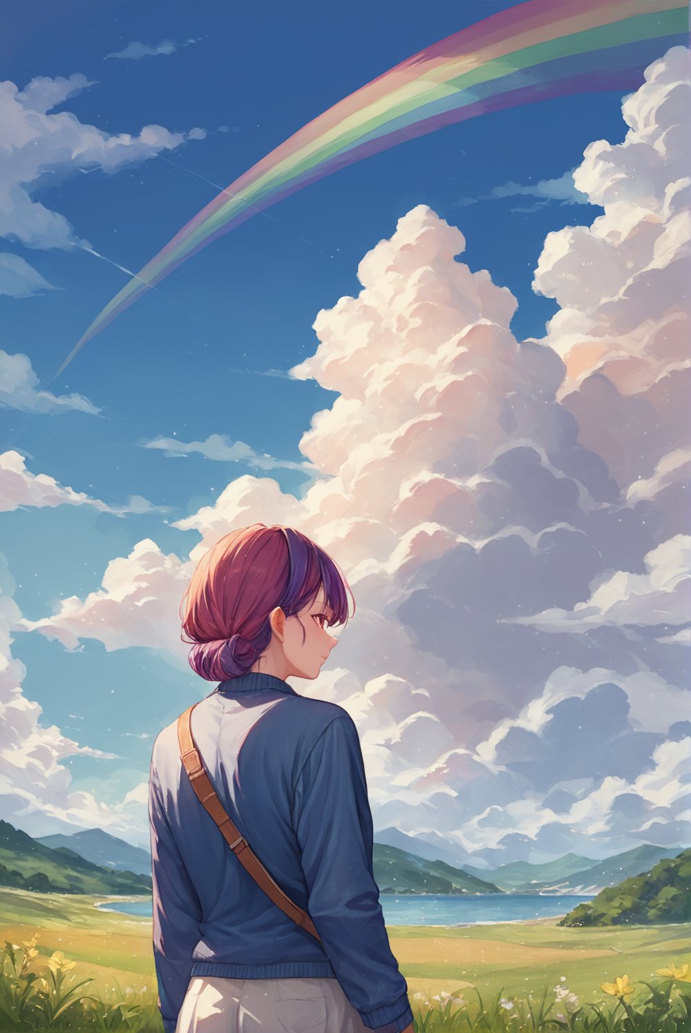 score_9_up, score_8_up, score_7_up, source_anime, illustration, watercolor, outdoors, cloud, sky, meadow, rainbow, day, detailed_background, 