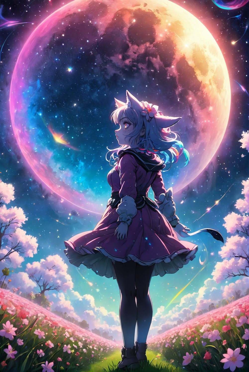 (bottom view),catgirl standing in a flower field looking up (full moon),(shooting stars),(nebula),sakura,(warm light source:),(Firefly),intricate details,volumetric lighting,(masterpiece),(best quality),4k,ultra-detailed,(dynamic composition),highly detailed,colorful details,(rainbow colors),(glowing lighting, atmospheric lighting),dreamy,magical,