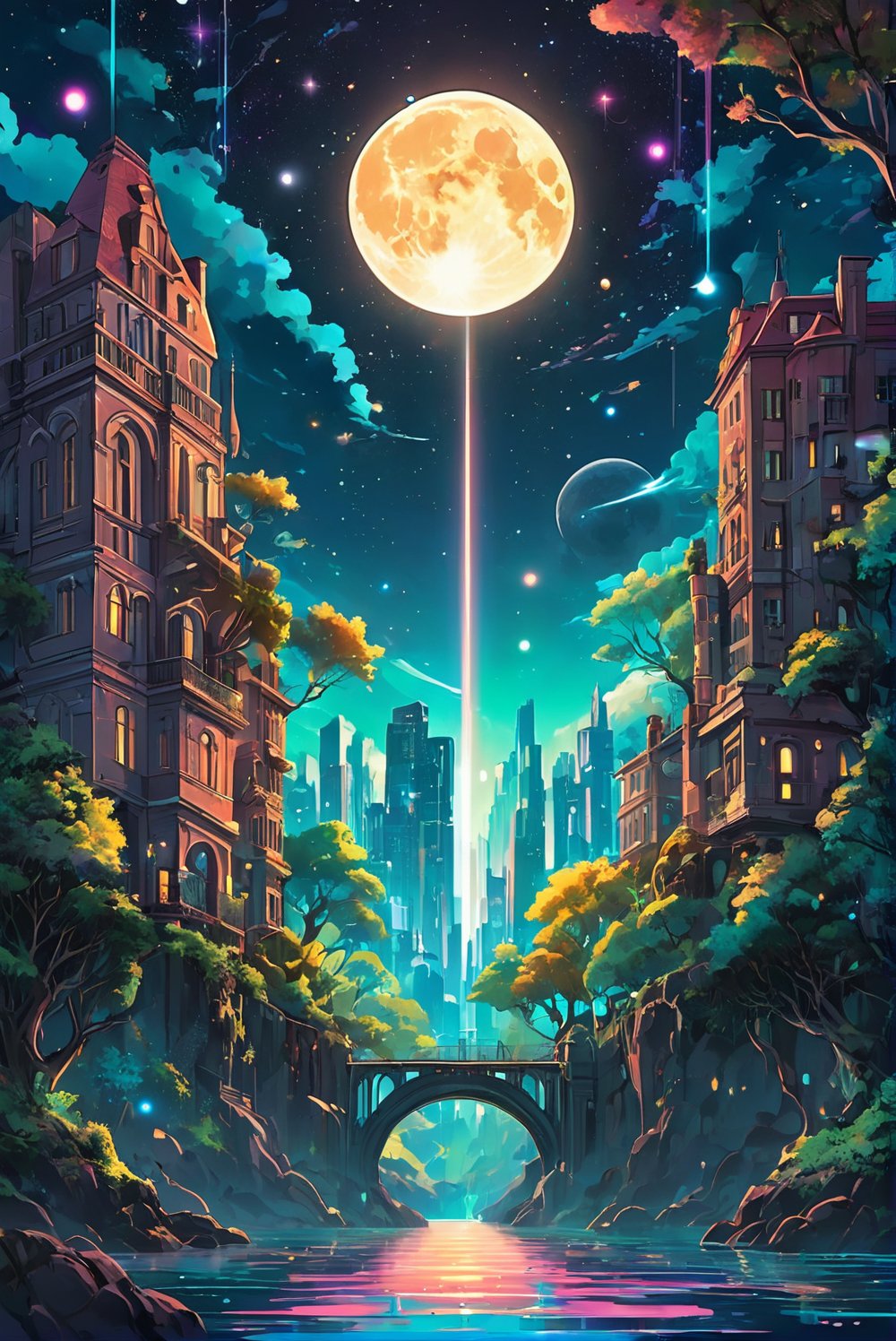 Dreamyvibes artstyle, Surreal landscape blending day and night, where a river of stars divides a cityscape merging with a forest. Architectural elements float, defying gravity, with a backdrop of a dual sunset and moonrise, High detail, ethereal glow, and vibrant color palette, anime style
