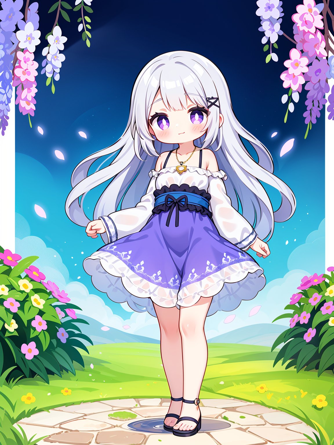 1girl, solo, watercolor painting, ethereal atmosphere, flowing dress, pastel colors, delicate jewelry, silver necklace, youthful appearance, long lavender hair, loose waves, flower hairpin, violet eyes, gentle smile, modest bust size, flowing petals in the breeze, scenic garden background, blooming amethyst flowers, soft sunlight, standing pose, facing sideways, ankle-length dress, empire waist, flowing sleeves, floral patterns, dainty sandals, slender fingers, peaceful expression, surrounded by sparkling water droplets, dreamlike ambiance. 