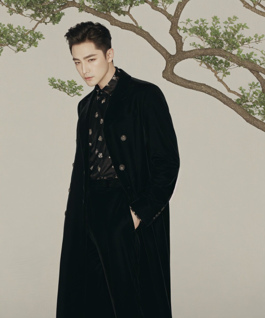 (masterpiece, top quality, best quality, official art, beautiful and aesthetic:1.2),gongbi,1boy,profile,dynamic posture,male focus,solo,branch,hand in pocket,stylized,coat,black pants,standing,tree,black coat,pants,rim light,shirt,surreal design,black shirt,closed mouth,absurdres,belt,short hair,leaf,plant,gongbi,ulzzang-6500-v1.1,<lora:Fisher_meticulous painting:0.8>,