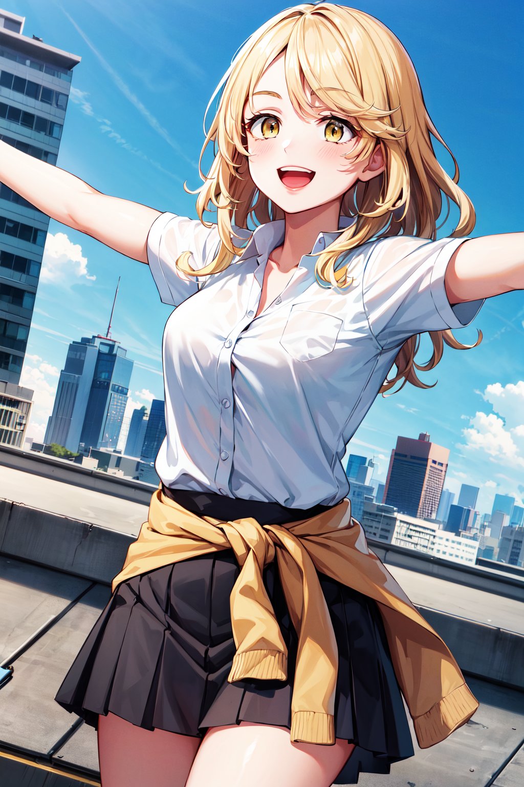 masterpiece, best quality, highres, aaemma, long hair, blonde hair, yellow eyes, school uniform, clothes around waist, skirt <lora:sano_emma_v1:0.7>, outstretched arms, rooftop, smile, open mouth, blue sky, city