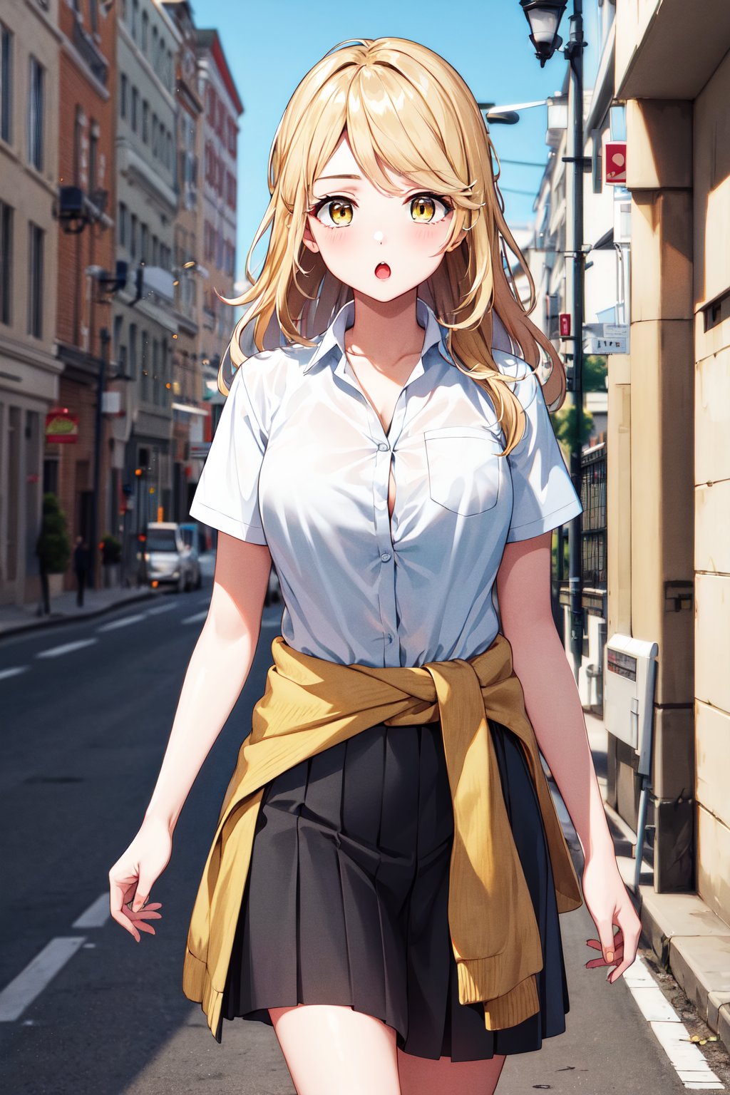 masterpiece, best quality, highres, aaemma, long hair, blonde hair, yellow eyes, school uniform, clothes around waist, skirt <lora:sano_emma_v1:0.7>, walking, cowboy shot, :o, street,