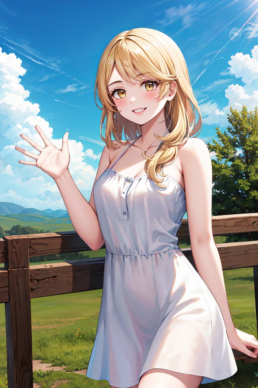 masterpiece, best quality, highres, aaemma, long hair, blonde hair, yellow eyes, dress, <lora:sano_emma_v1:0.7>, standing, cowboy shot, smile, waving