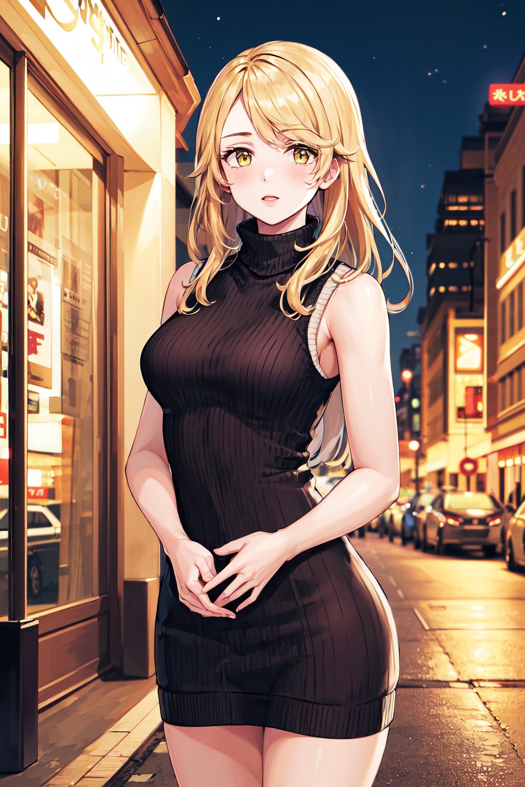 masterpiece, best quality, highres, aaemma, long hair, blonde hair, yellow eyes, sweater dress, ribbed sweater, turtleneck, sleeveless,  <lora:sano_emma_v1:0.7>, night, city, street, standing, cowboy shot, 