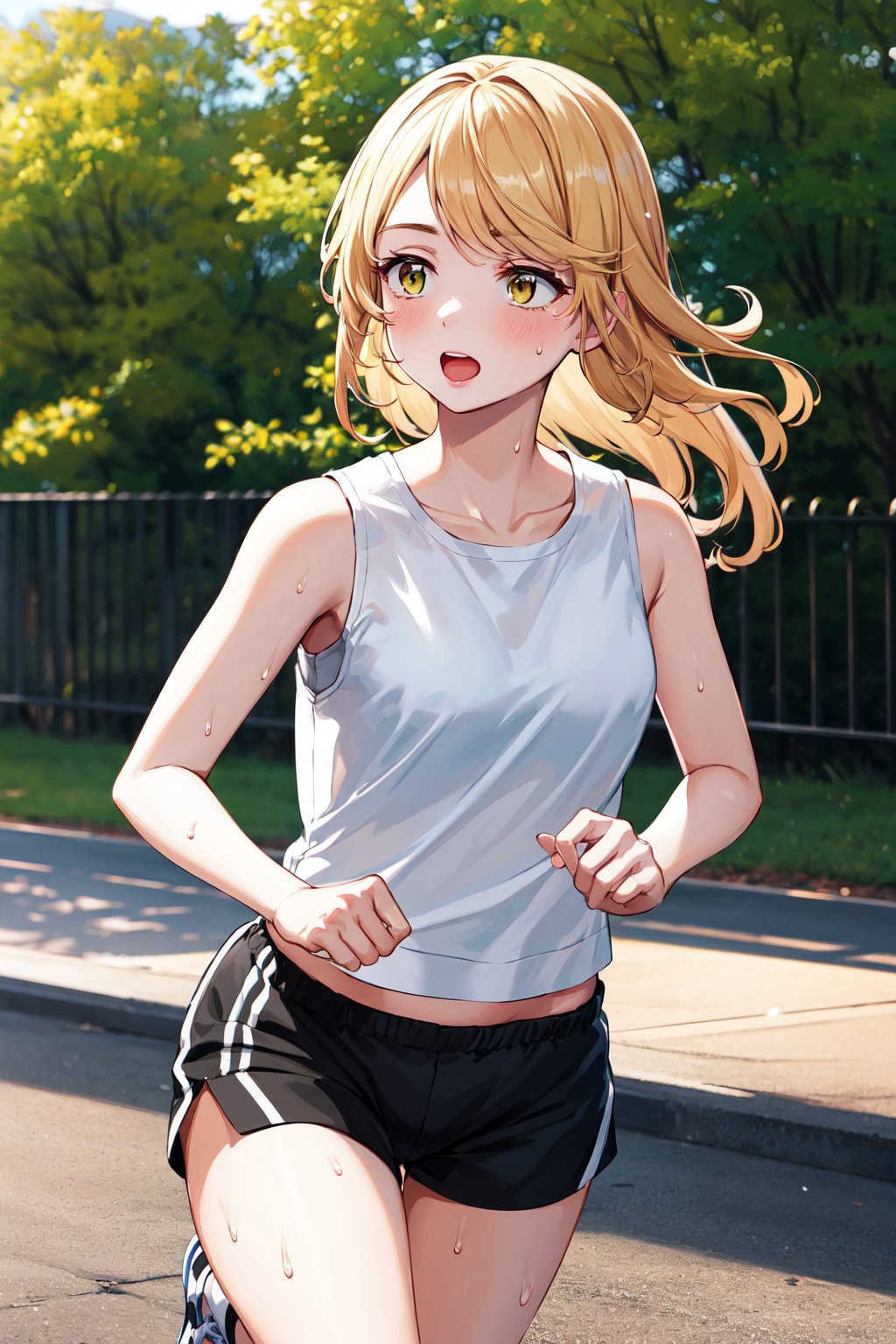 masterpiece, best quality, highres, aaemma, long hair, blonde hair, yellow eyes, white shirt, sleeveless, black shorts, <lora:sano_emma_v1:0.7>, running, outdoors, sweat