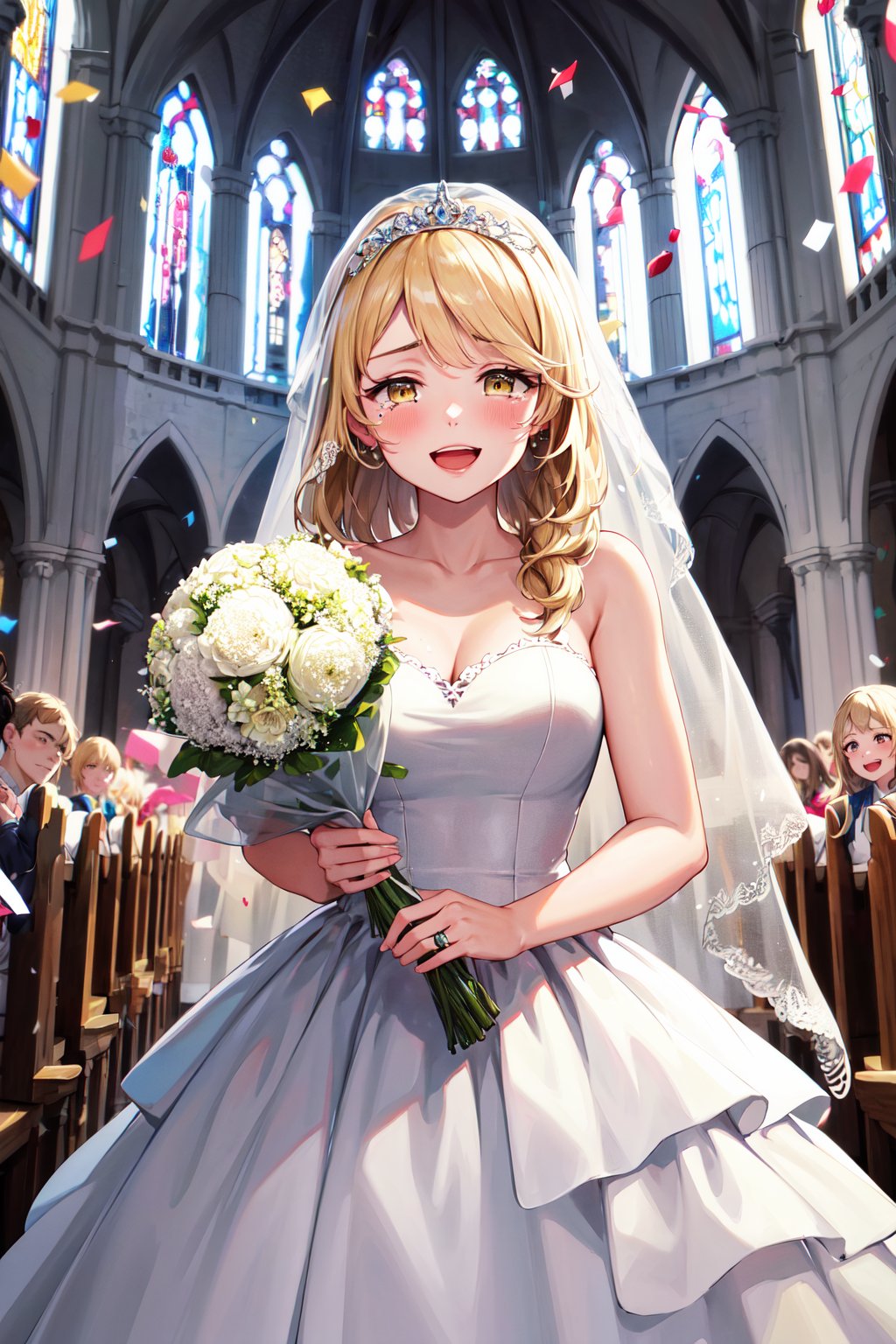 masterpiece, best quality, highres, aaemma, long hair, blonde hair, yellow eyes, white dress, wedding dress, <lora:sano_emma_v1:0.7>, church, holding bouquet, tears, (confetti:1.1), smile, open mouth, 