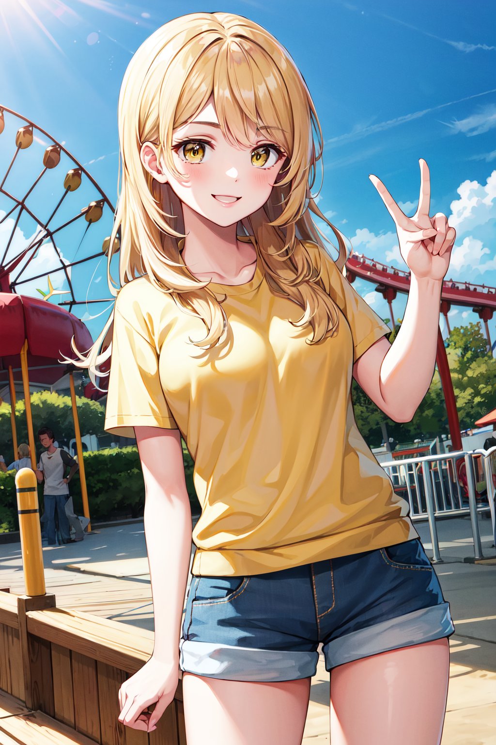 masterpiece, best quality, highres, aaemma, long hair, blonde hair, yellow eyes, shirt, shorts, <lora:sano_emma_v1:0.7>, outdoors, amusement park, peace sign, smile