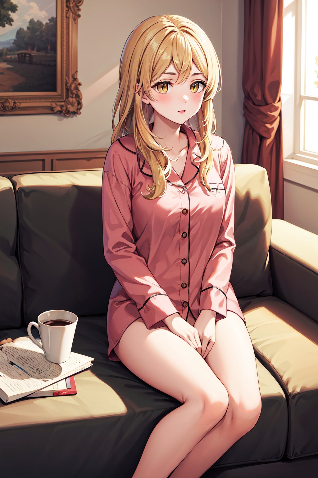 masterpiece, best quality, highres, aaemma, long hair, blonde hair, yellow eyes, pajama, <lora:sano_emma_v1:0.7>, living room, sitting, sofa