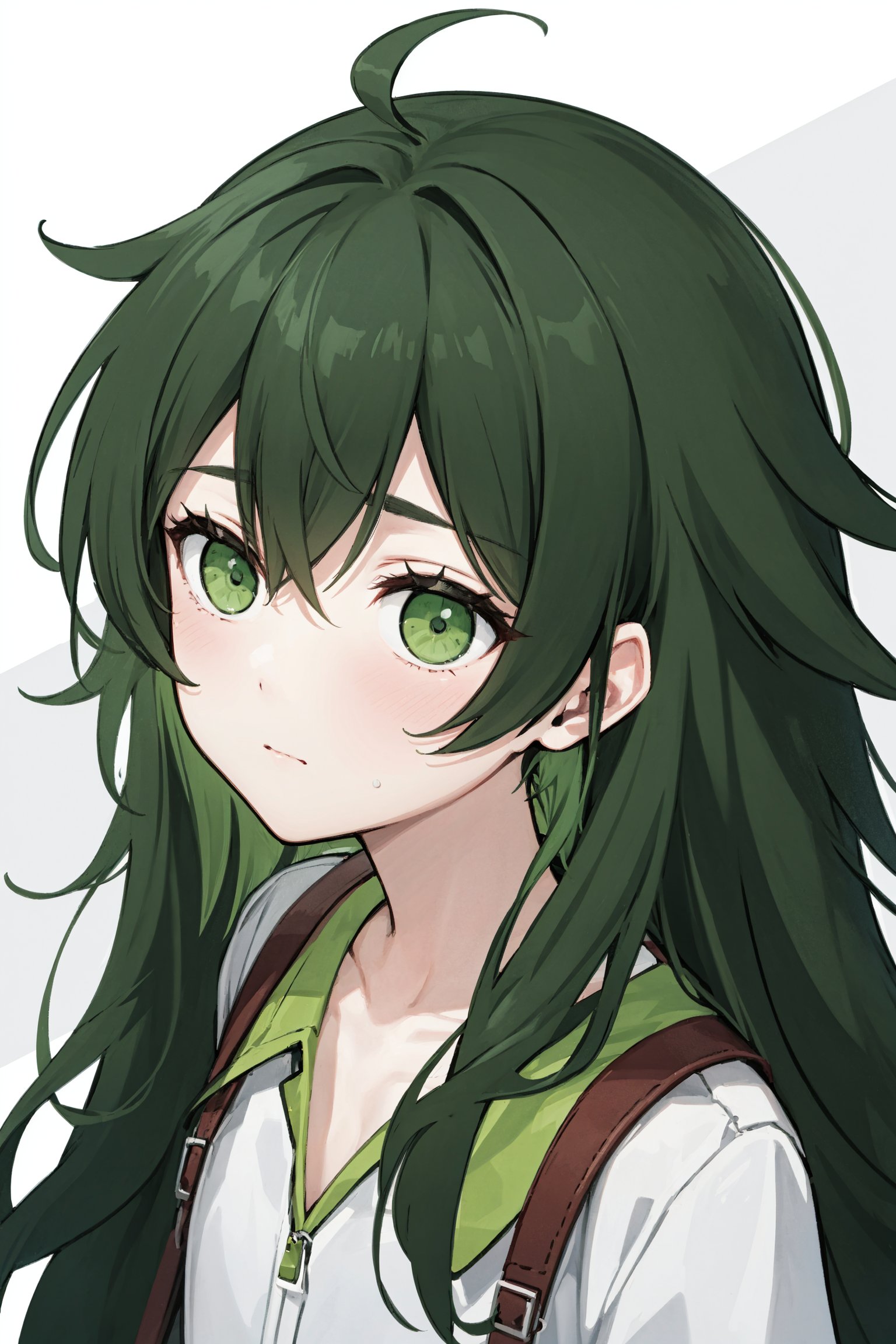  messy hair, dark green hair, very long hair, green eyes, bags under eyes,