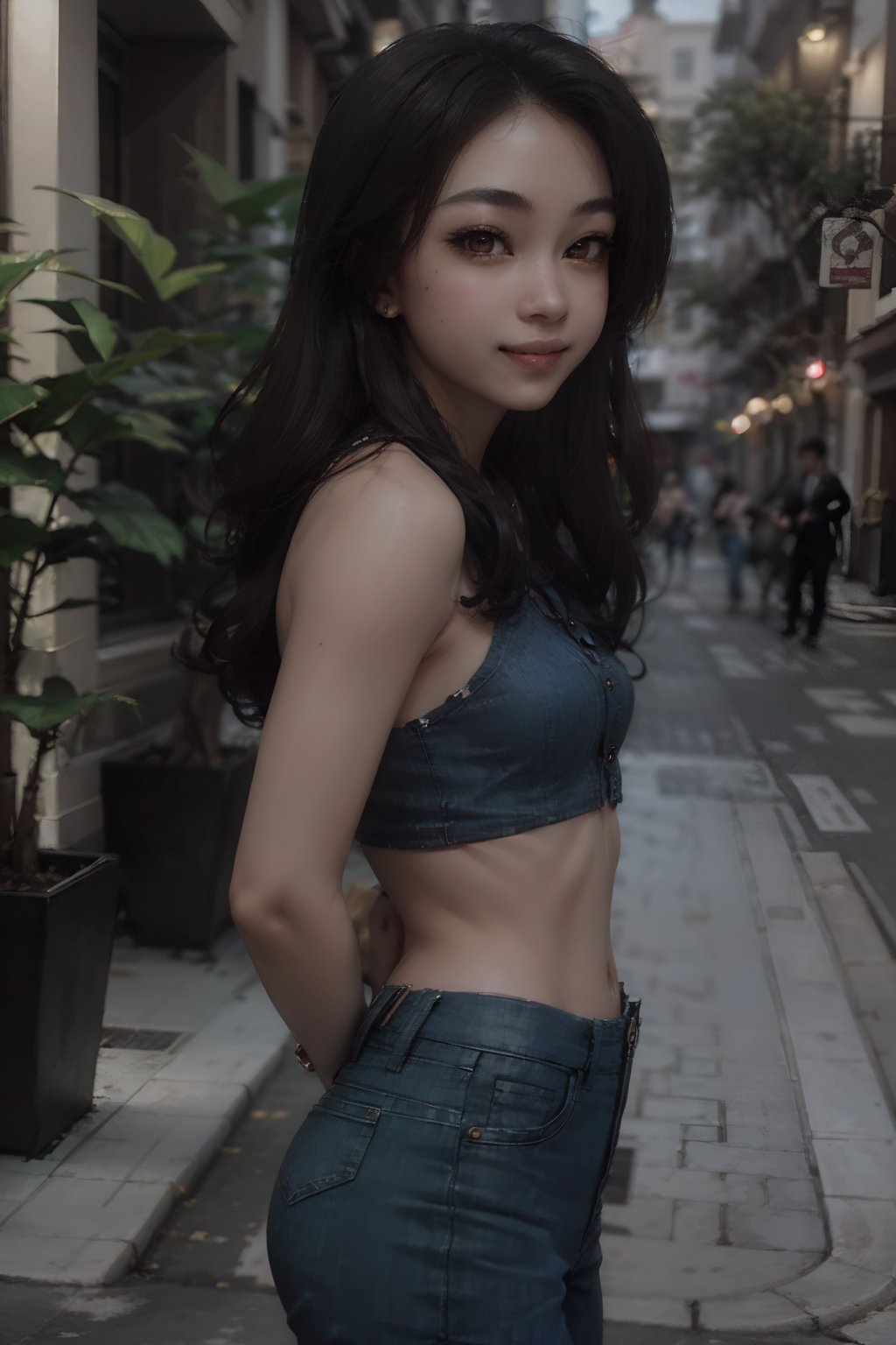 (hyper detailed, high resolution, best shadows), basic background, 1girl, black hair, long hair, (perfect face), smooth body,brown eyes, almond eyes, (full_body),noctuyen 1girl,asymmetrical hair, smile, solo, denim, jeans, realistic,  jewelry, ring, (nsfw:1.1), naked,noctuyen