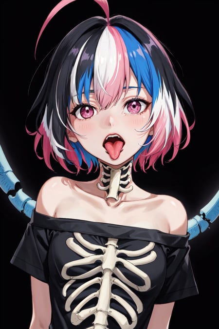 <lora:Psychogen_v2:0.5> Psychogenic Dream Style, 1girl, ahoge, bangs, black background, blue hair, bone, collarbone, colored inner hair, looking at viewer, multicolored hair, off shoulder, open mouth, pink eyes, pink hair, ribs, shirt, short hair, short sleeves, simple background, skeleton, skeleton print, solo, spine, tongue, tongue out, two-tone hair, upper body, x-ray