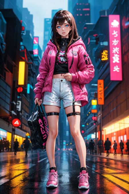 <lora:Psychogen_v2:0.5> Psychogenic Dream Style, 1girl, bag, bangs, black hair, blue eyes, brown hair, building, city, cyberpunk, ground vehicle, hair ornament, holding, hood, jacket, lips, long hair, looking at viewer, neon lights, night, outdoors, parted lips, pink jacket, road, shoes, short shorts, shorts, sneakers, solo, solo focus, standing, thigh strap, white shorts