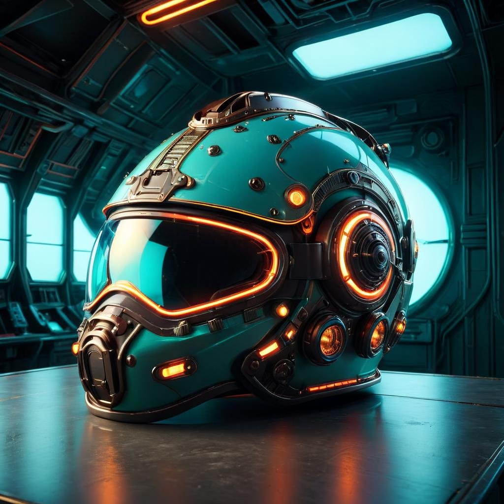 futuristic helmet, in space hangar, dim light, neon lights from the top, high reflection, ste4mpunk<lora:ste4mpunk:0.8>