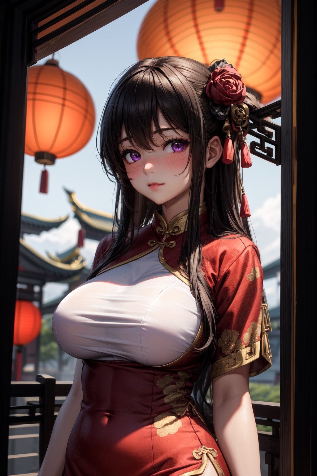 masterpiece,  best quality,  highly detailed,  absurdres,  8k,  1girl,  busty,  black hair,  purple eyes,  blush,  soft smile,  red cheongsam,  solo female,  {paper lantern},  temple,  dusk,<lora:EMS-30035-EMS:0.700000>,<lora:EMS-179-EMS:0.500000>