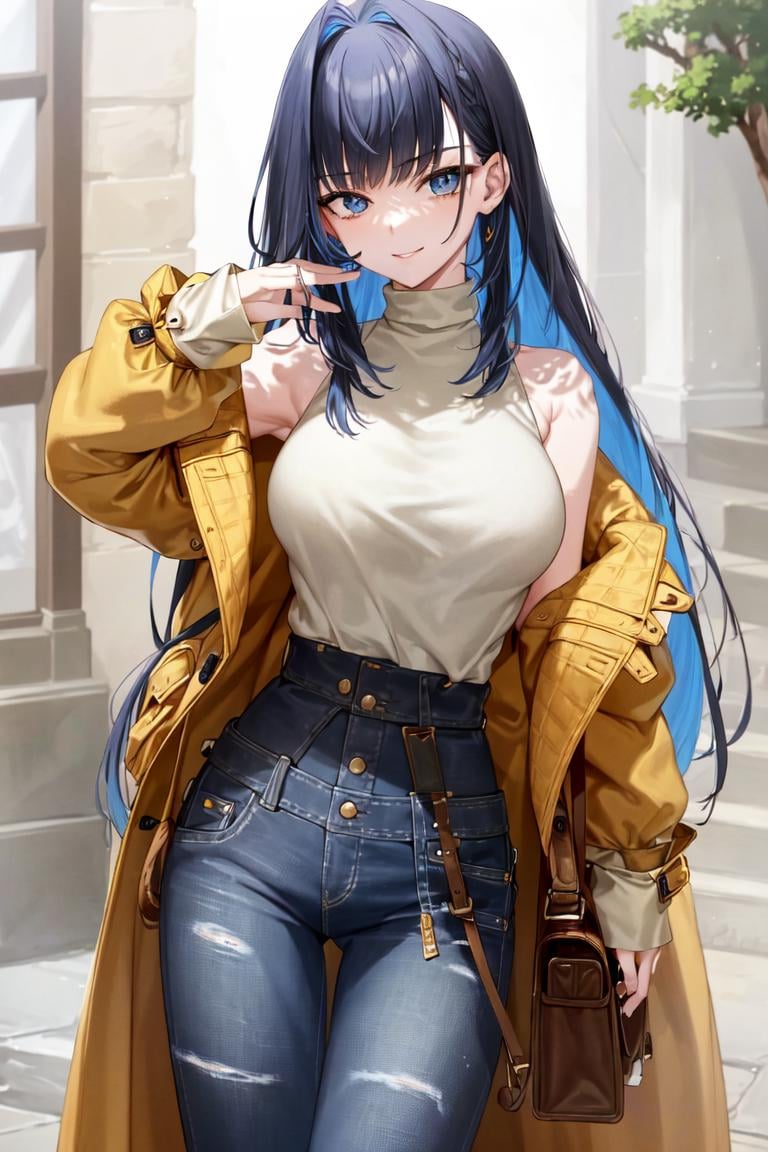 masterpiece, best quality, absurdres, perfect antomy, Ouro Kronii, 1girl, solo, long hair, multicolored hair, breasts, pants, bag, sweater, coat, turtleneck, denim, jeans, handbag, turtleneck sweater, high-waist pants, bare shoulders, looking at viewer, smile, hand on hip