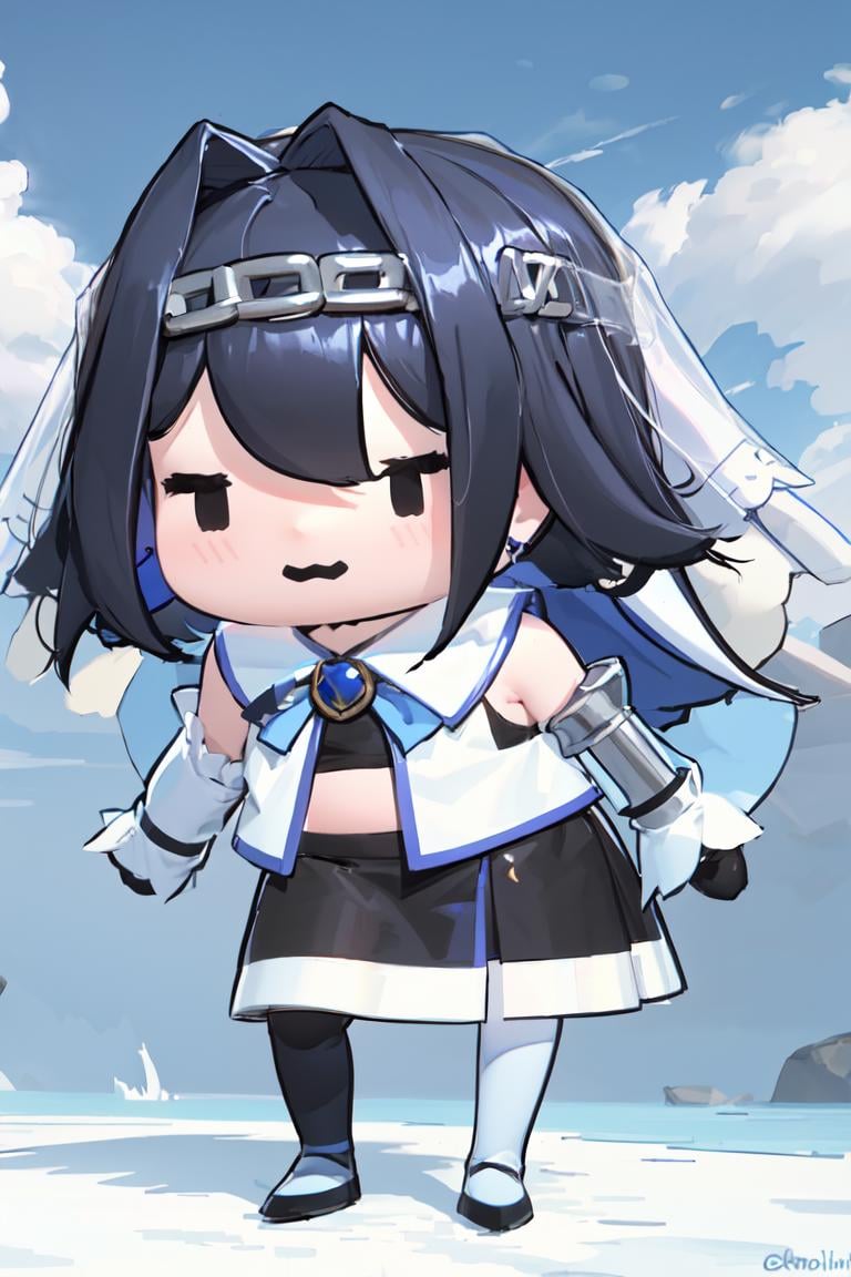 masterpiece, best quality, absurdres, 1girl, solo, chibi, KroniiBase, short hair, hair intakes, chain, veil, bow earrings, striped crop top, white vest, blue bow, black skirt, detached sleeves, black gloves, black thighhighs, smug, <lora:CHAR-OuroKroniiV2:0.8>, <lora:style_walfie:1.1>