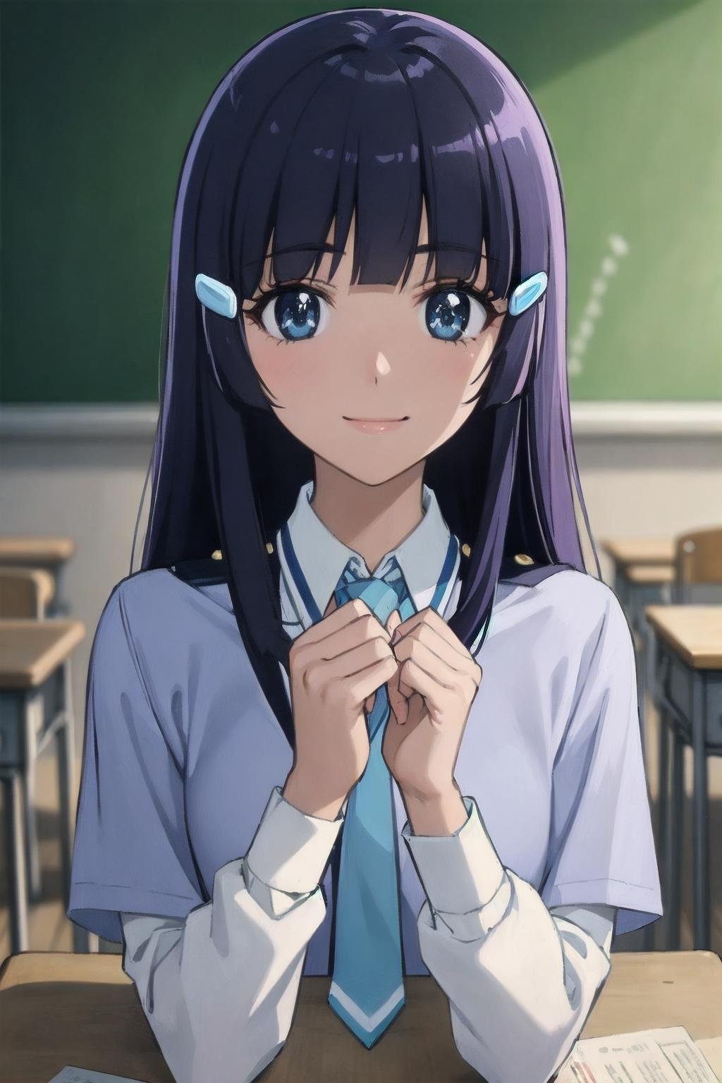 (best quality:1.1), (masterpiece:1.4), portrait, aoki reika, hair ornament, hime cut, blue hair, long hair, blue eyes, small breasts, school uniform, necktie, indoors, classroom, looking at viewer, smile,<lora:Kizuki - Smile Pretty Cure! Aoki Reika:0.9>