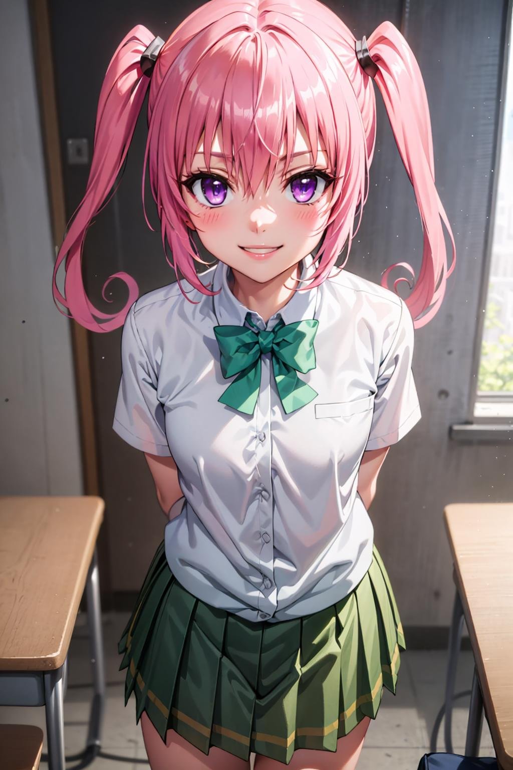 best quality, masterpiece, portrait, close-up, standing, nana astar deviluke, twintails, pink hair, purple eyes, flat chest,  smile, school uniform, green skirt, pleated skirt, sainan high school uniform, looking at viewer, classroom, arms behind back,<lora:Kizuki - To Love Ru - Nana Astar Deviluke:0.9>